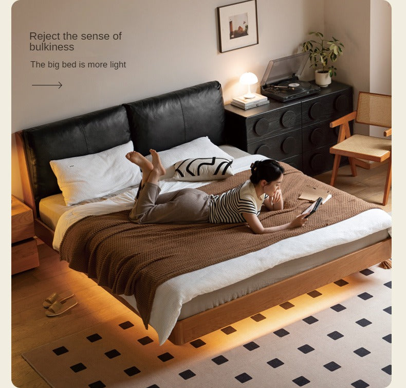 Cherry solid wood leather soft suspended bed
