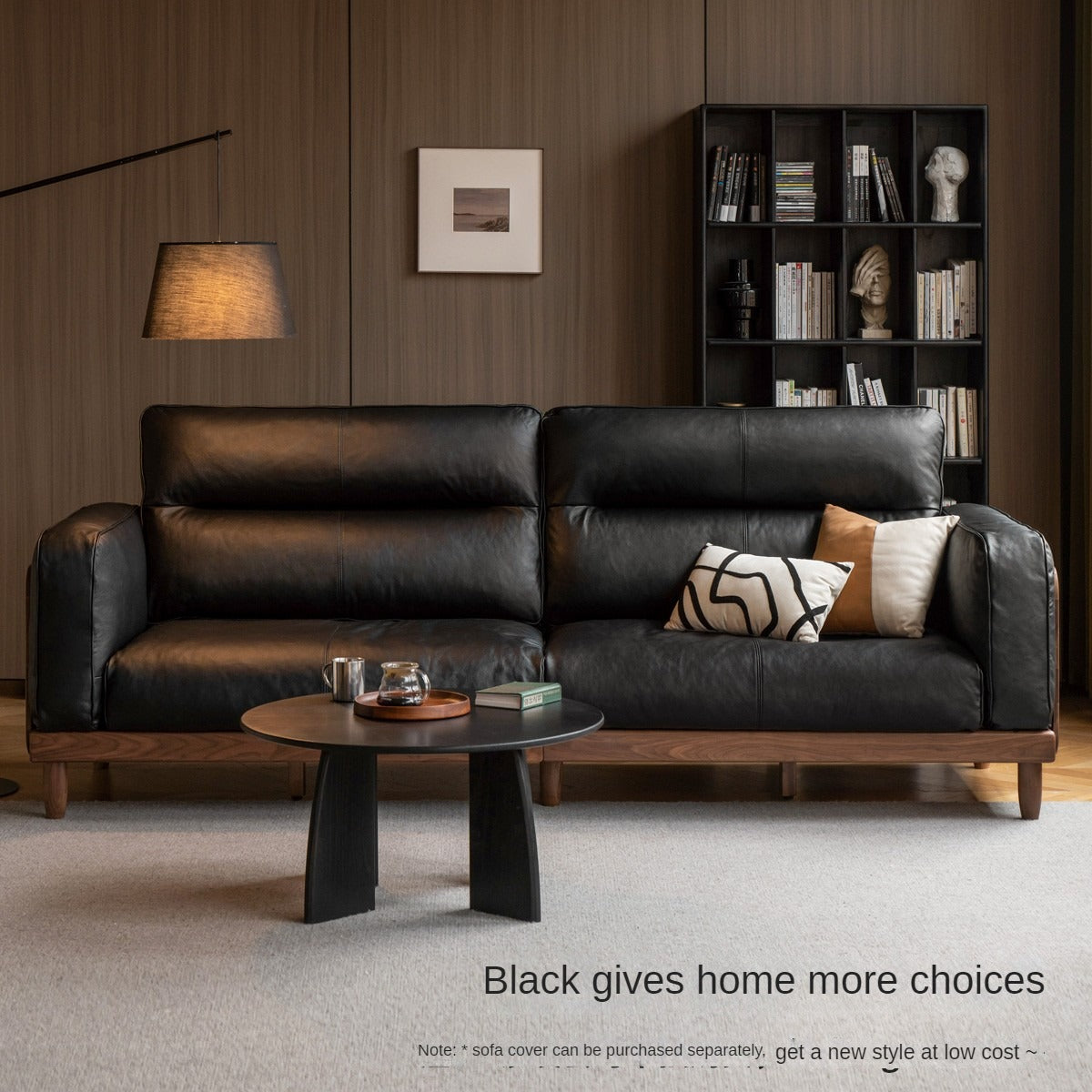 Black Walnut, Ash, Solid Sandalwood Wood Sofa with Genuine Top-Grain Yellow Cowhide Leather,fabrics