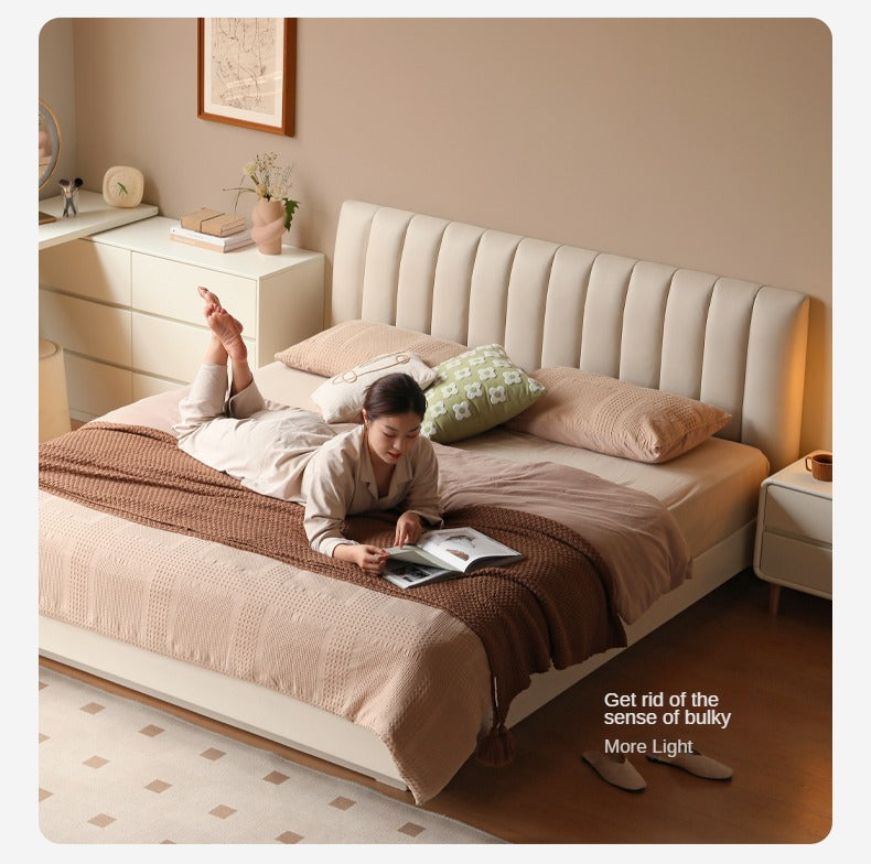 Oak, Rubber Wood Solid Wood Cream Technical Fabric Suspended Box Storage Bed