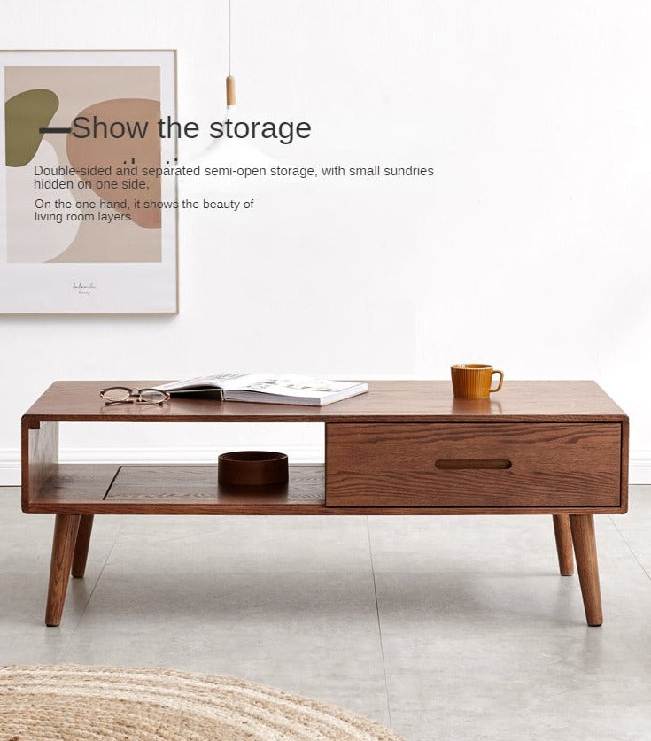 Oak, Solid Rubberwood Two-Drawer Coffee Table Walnut Color
