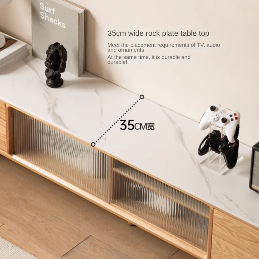 Oak, Poplar, Beech Solid Wood Sliding Door TV Stand With Rock Slab Surface.