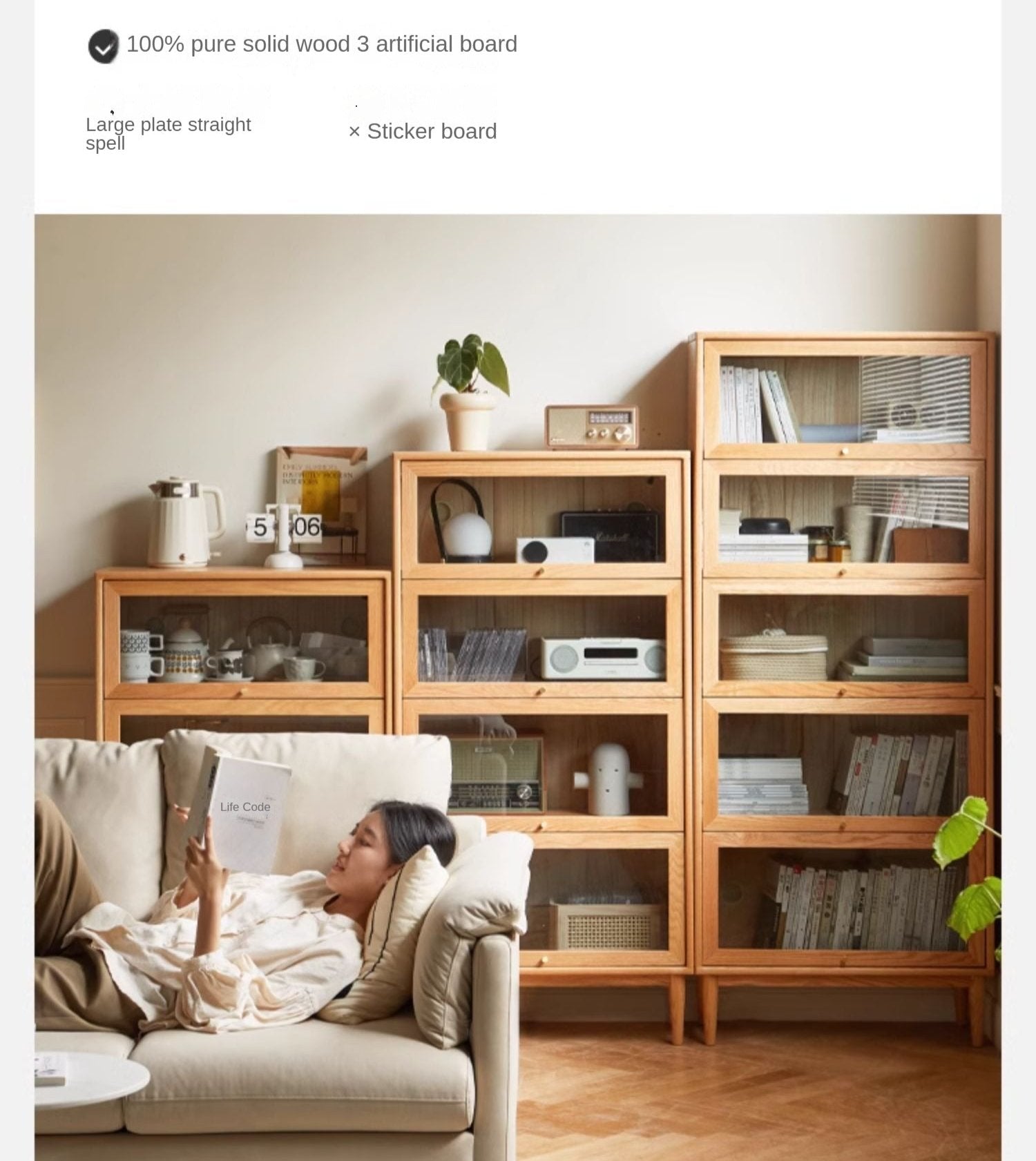 Solid Rubberwood, Oak Solid Wood Multi layer Flip Door Glass Bookcase