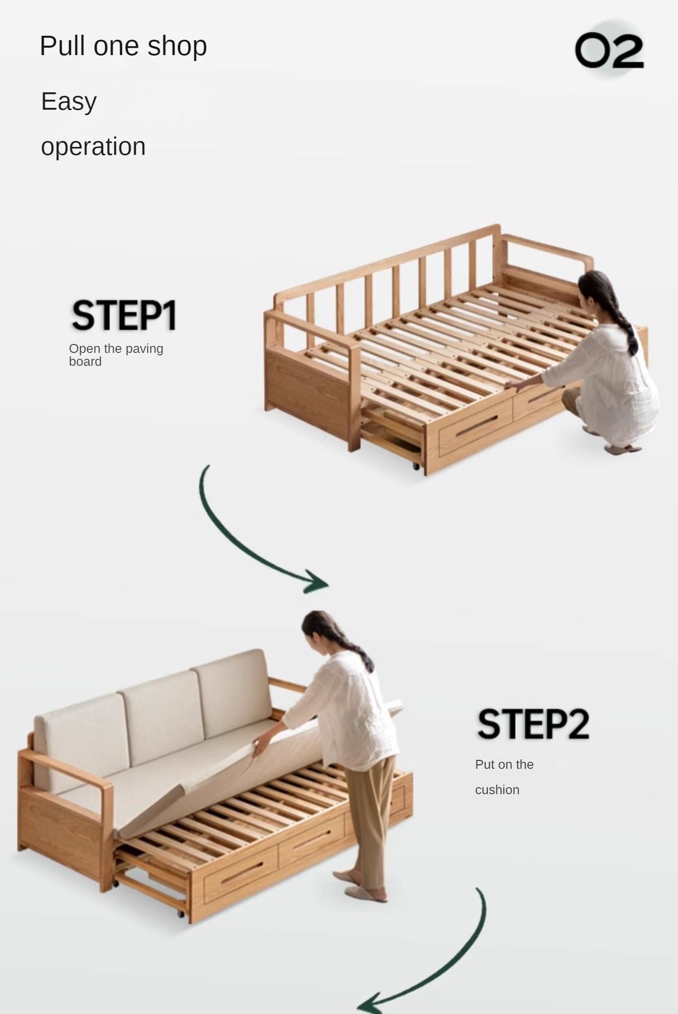 Oak, Ash Solid Woof Folding Storage Sofa Bed.