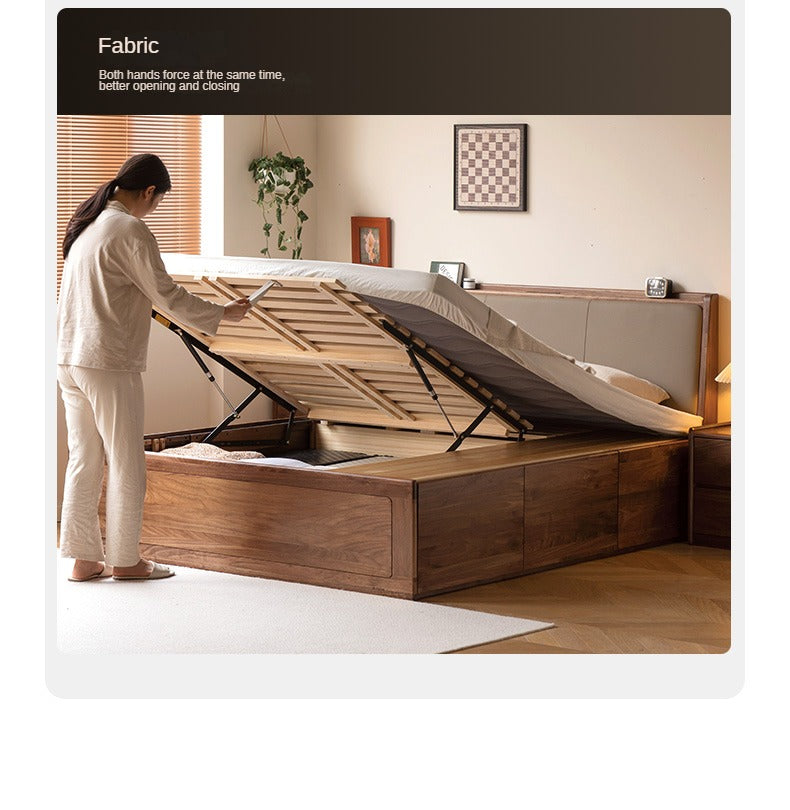 Black Walnut Solid Wood leather soft Drawer Box Bed Nordic