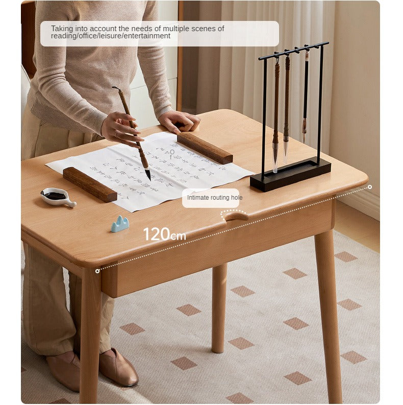Beech Solid Wood Office Desk with 2 Drawers