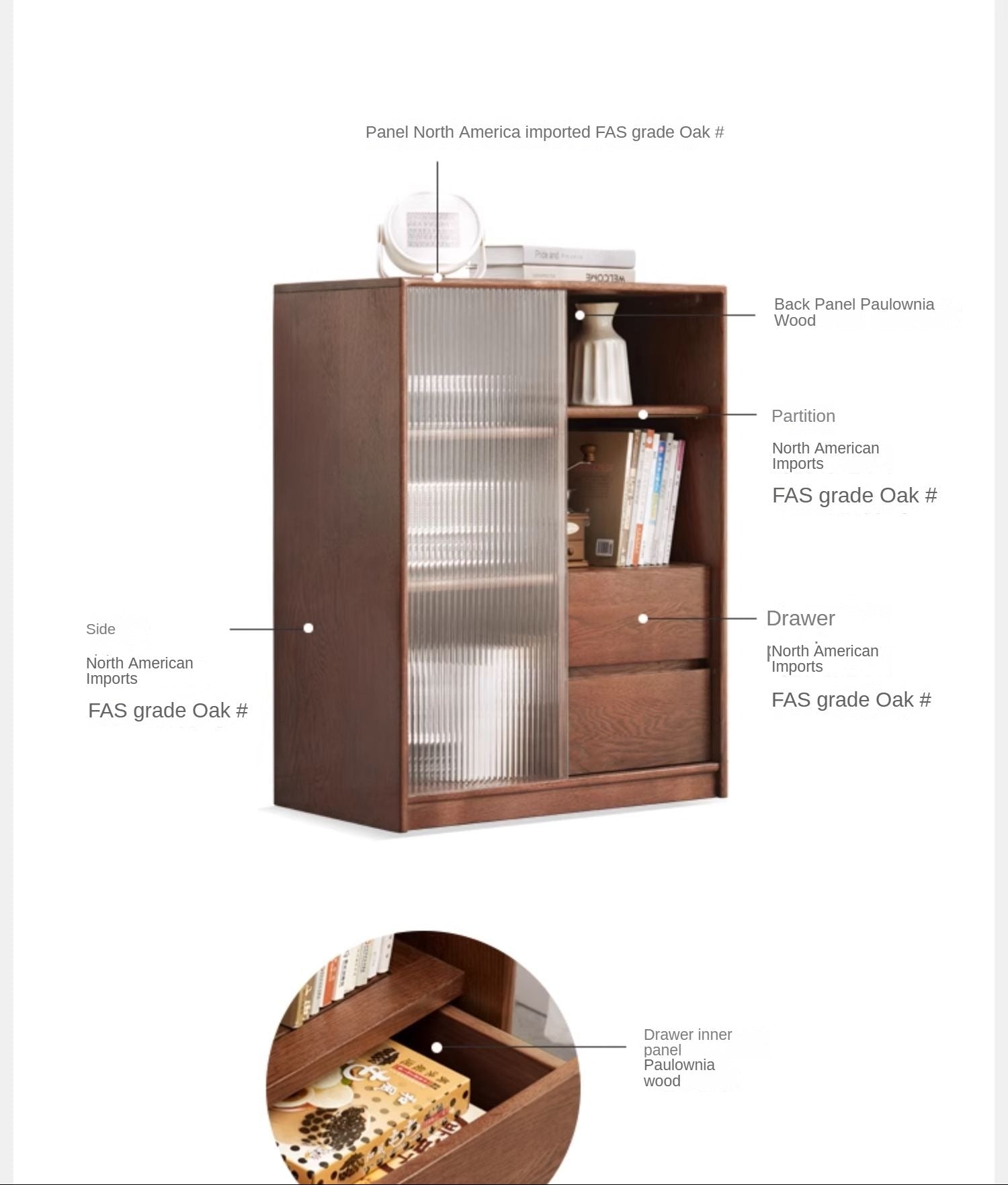 Oak Solid Wood Side Cabinet Glass Door Small Bookcase