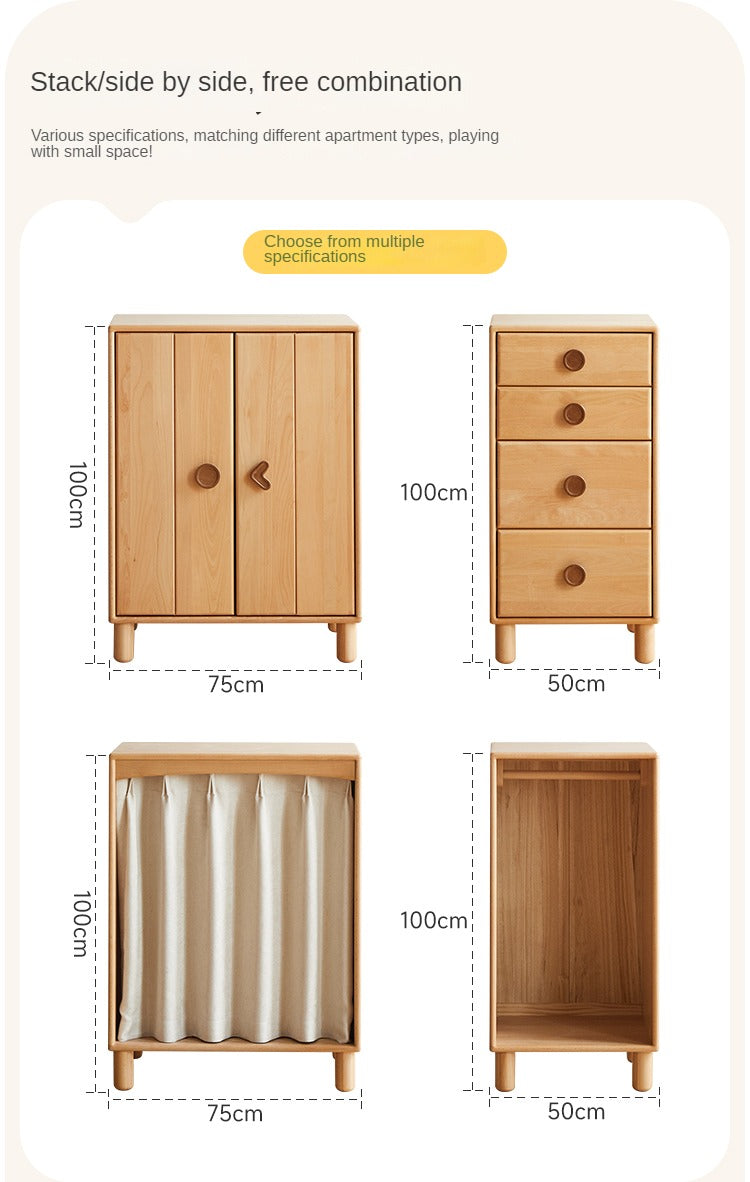 Beech, Rubber Solid Wood Children's Wardrobe,Combination Storage Cabinet