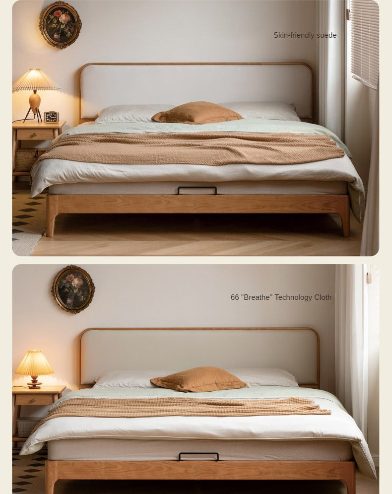 Cherry Solid Wood Technology Fabric Soft Modern Bed