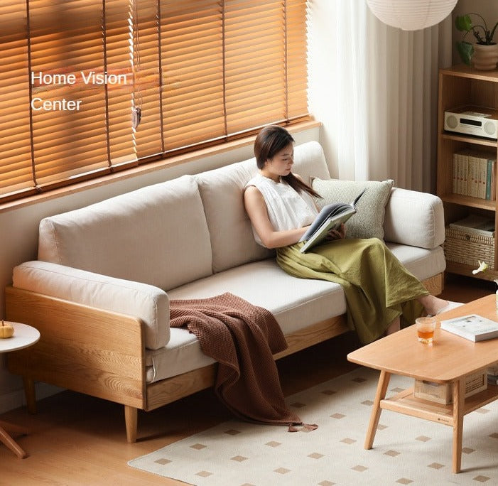 Oak Solid Wood Sofa Bed Folding White Goose Feather Cushions.