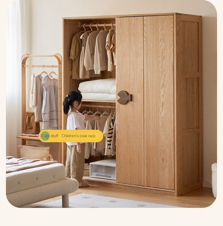 Oak Solid Wood Children's Sliding Door Wardrobe Storage Cabinet