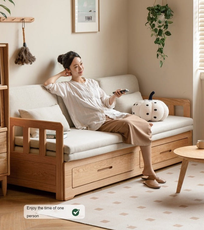 Oak Solid Wood Sofa Bed Folding Retractable Storage.
