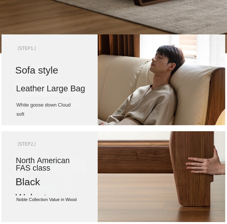 Teak, Black Walnut Solid Wood Genuine Leather Soft Bed Italian Light Luxury