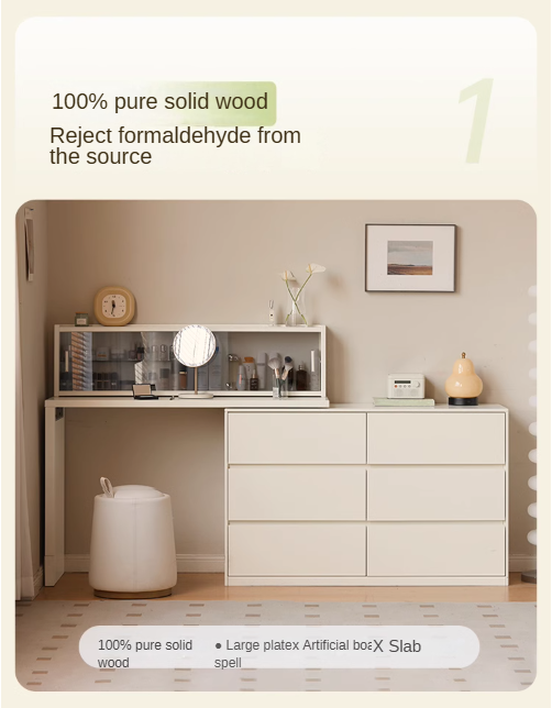 Solid Rubberwood Cream Style Vanity Table Integrated Drawer.