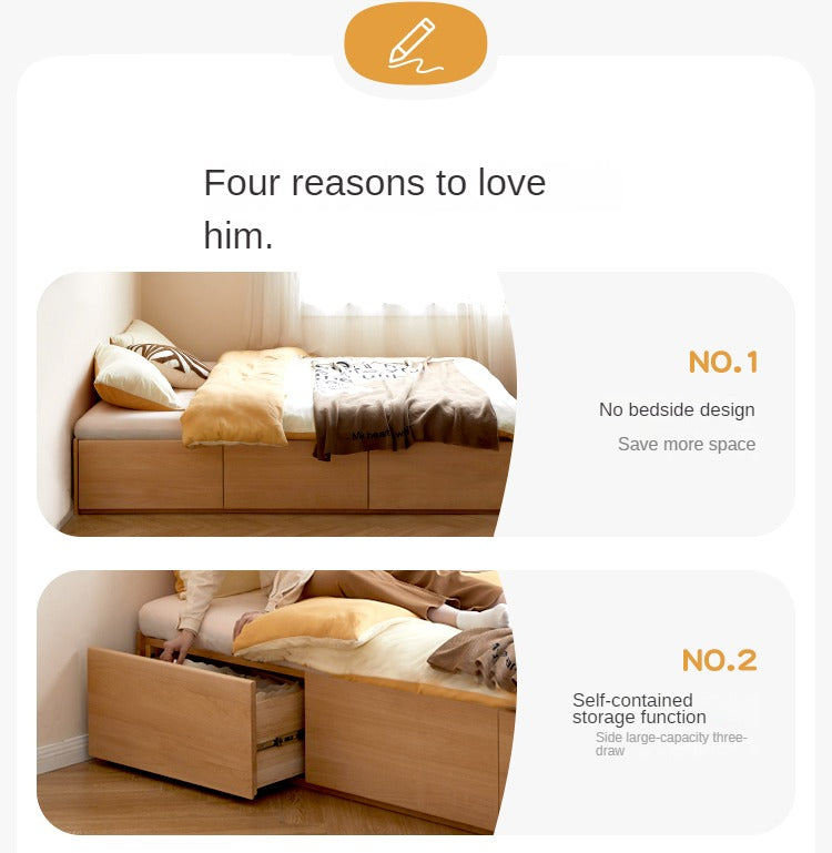 European Beech solid wood platform bed, headboard-free bed with drawer box bed.