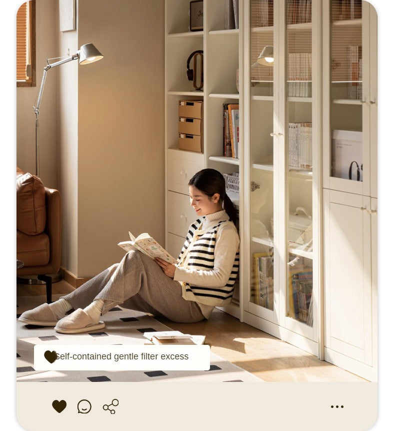 Poplar Solid Wood Bookcase White With Glass Door Whole Wall Combination French Cream Style