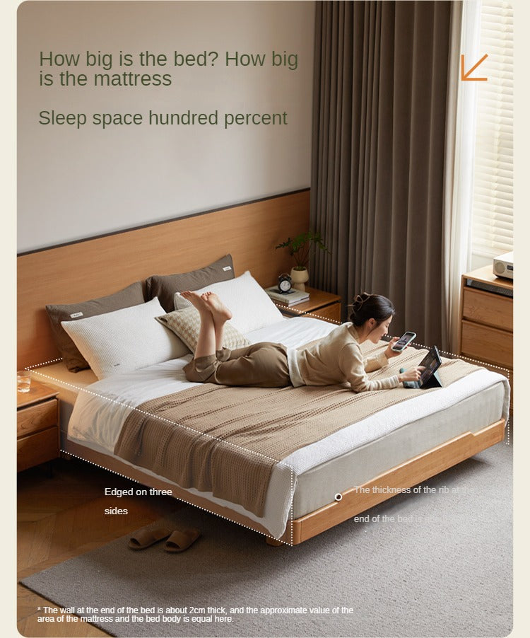 Cherry Wood Solid Wood platform bed, headboard-free bed with Light.