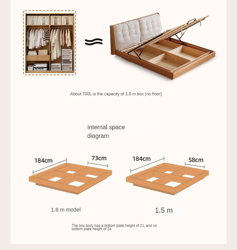 Cherry Solid Wood Box Bed Top Genuine Leather, Corduroy Suspended Bed