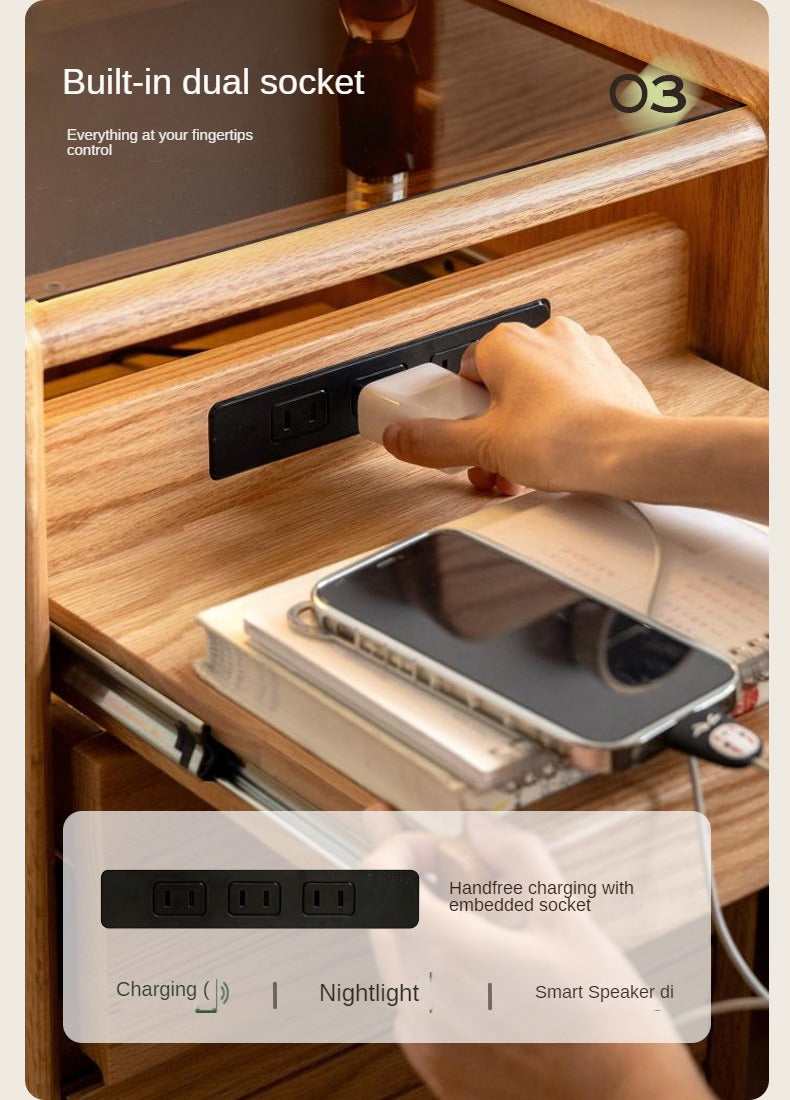 Ash, Oak Solid Wood Movable Glass Small Nightstand