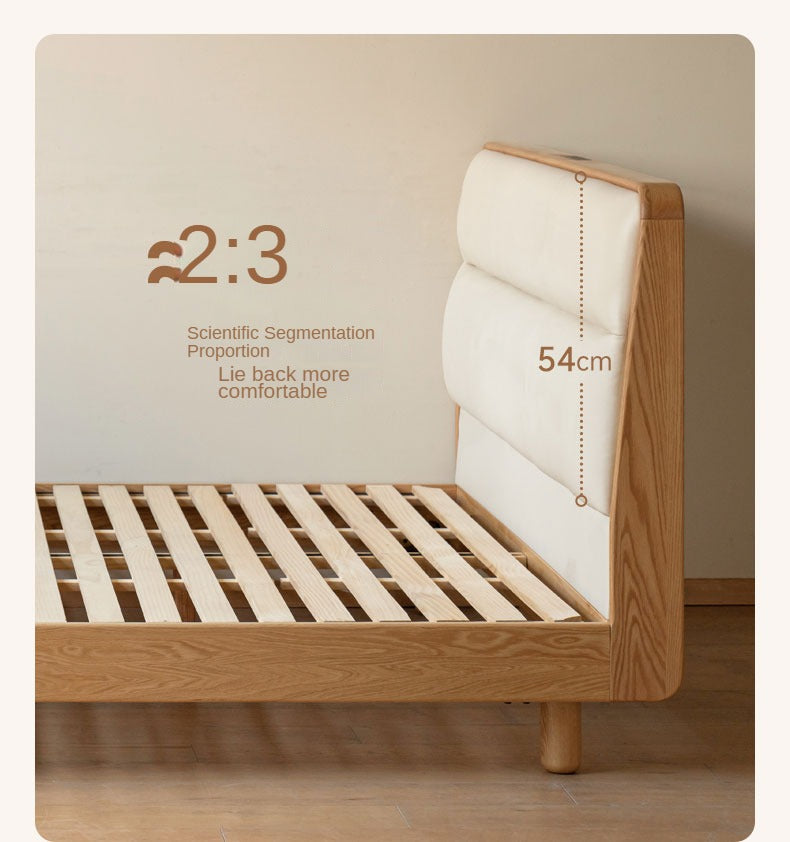 Oak, Ash Solid Wood Genuine Leather Soft Bed