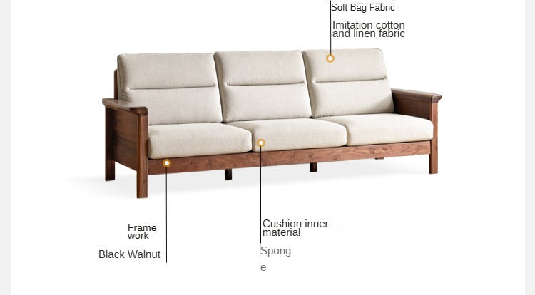 Sandalwood, Black Walnut Solid Wood Fabric Sofa.