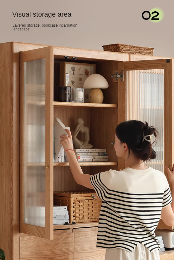 Oak Solid Wood Bookcase With Glass Door.