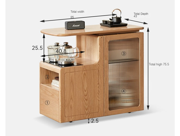Oak, Black Walnut Solid Wood Movable Tea Cabinet With Tea Maker