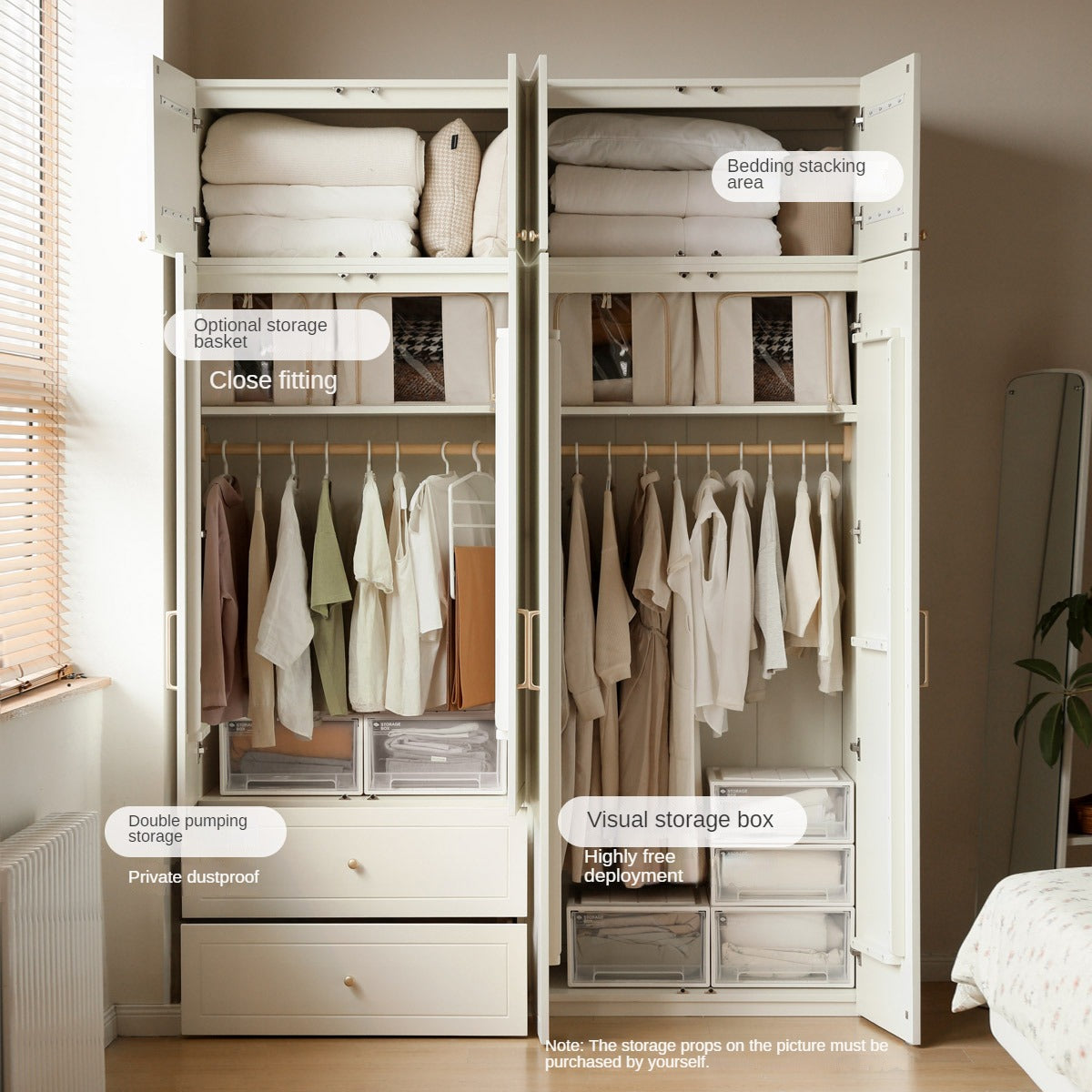 Pine Solid Wood Wardrobe French Cream Style.