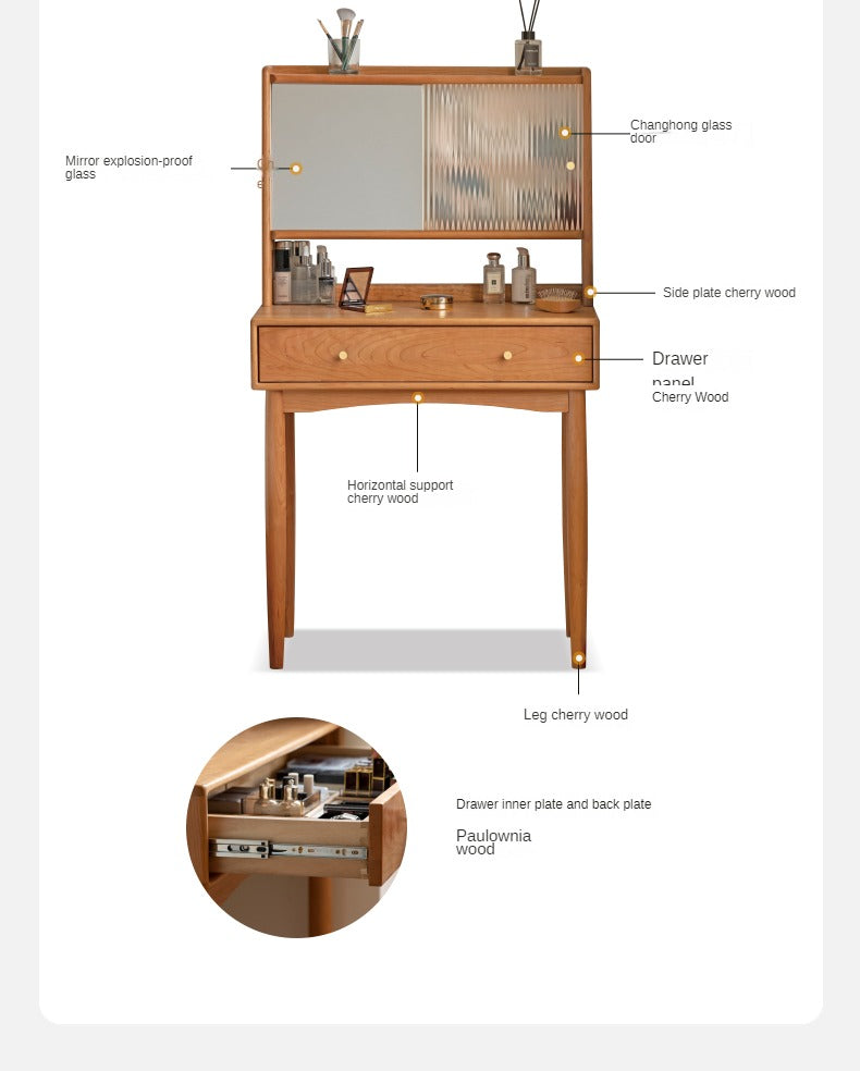 Cherry, Birch Solid Wood Multi-Functional Storage Vanity Table.