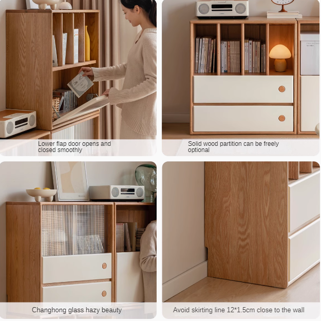 Oak, Beech Solid Wood Cream Style Module Combination Bookcase