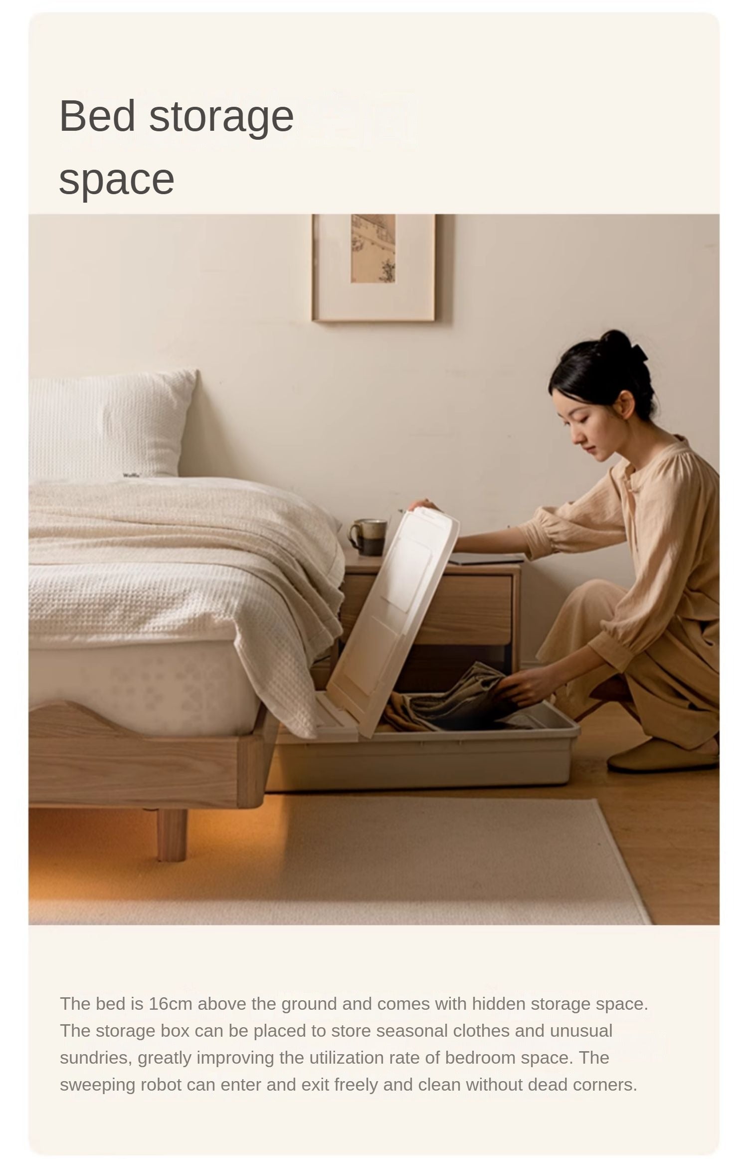Ash Solid Wood Suspended Platform Bed, Headboard-Free Bed