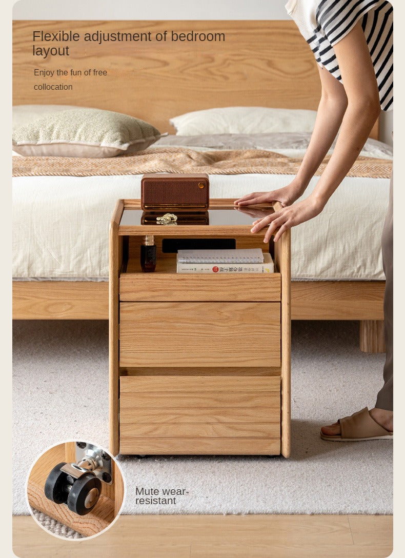 Ash, Oak Solid Wood Movable Glass Small Nightstand