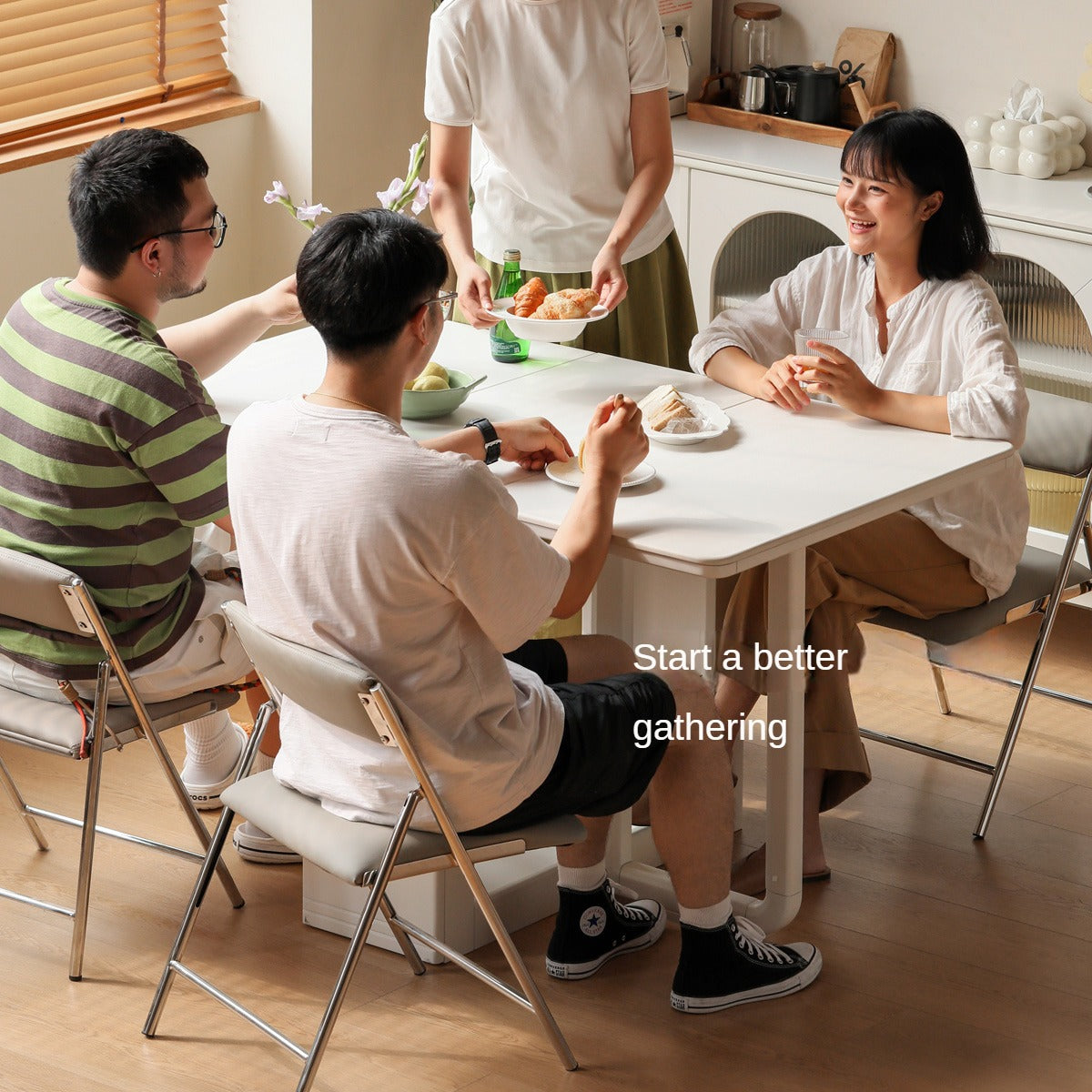 Poplar Solid Wood Cream Wind Rock Slab Folding Dining Table