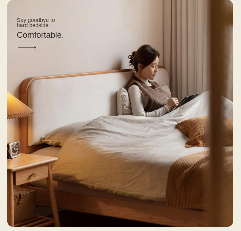 Cherry Solid Wood Bed — Modern Minimalist Upholstered Design