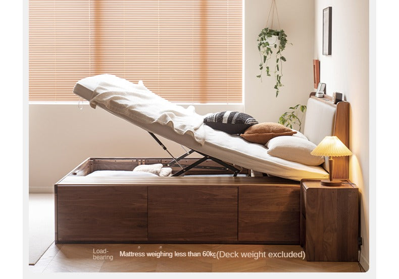 Black Walnut Solid Wood leather soft Drawer Box Bed Nordic