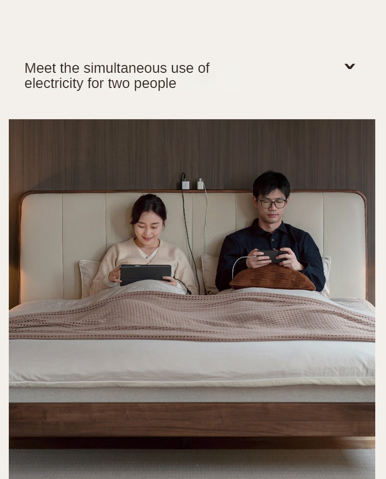 Teak, Black Walnut Solid Wood Bed Leather Soft Bed with Socket