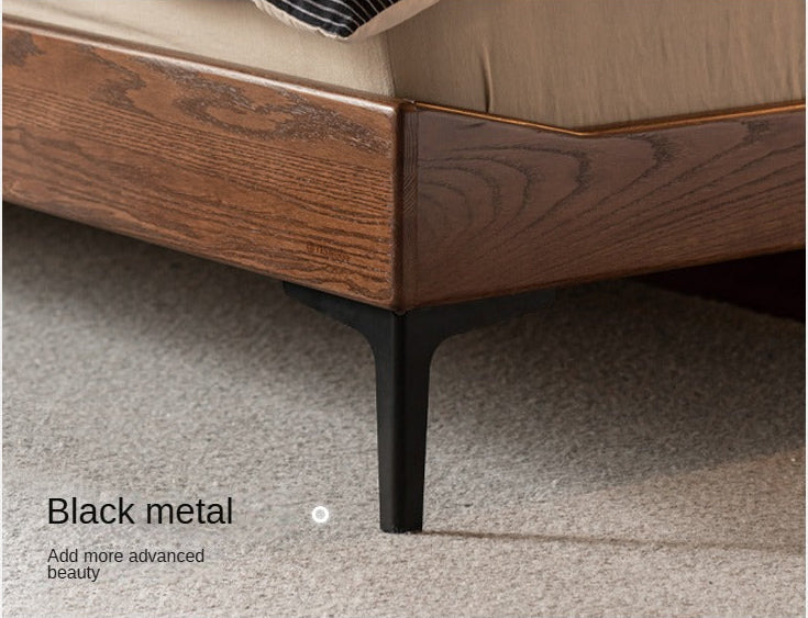 Oak,Black Walnut Solid Wood Soft Genuine Leather Bed Light Luxury