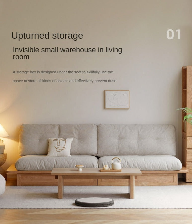 Oak Solid Wood dual-use Fabric Storage Sofa.