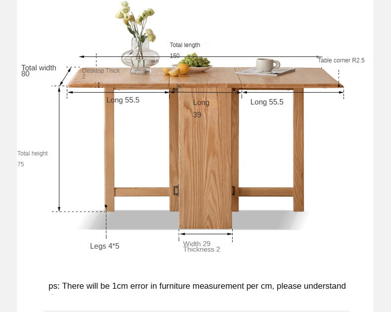 Oak Solid Wood Folding Table, Retractable Dining Table