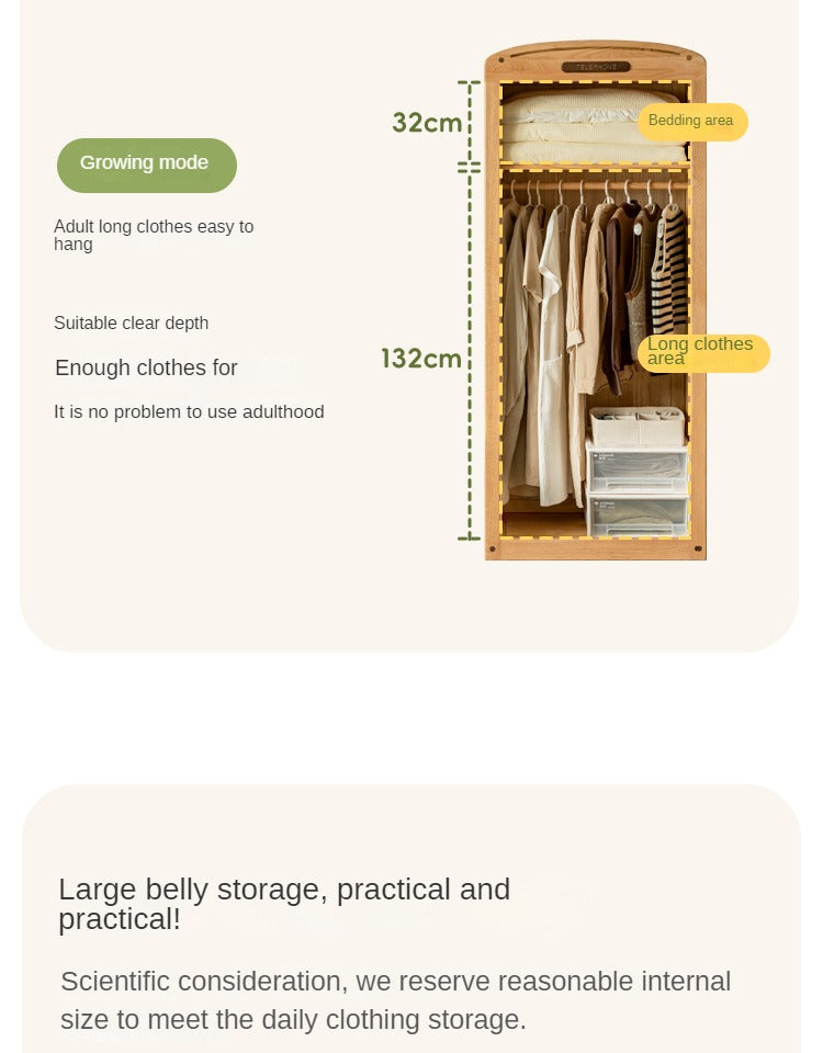 Oak Solid Wood, Solid Rubberwood Kids's Simple Wardrobe