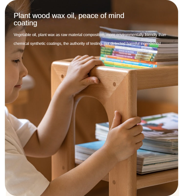 Beech Solid Wood Children's Under-Table Bookshelf with Wheels