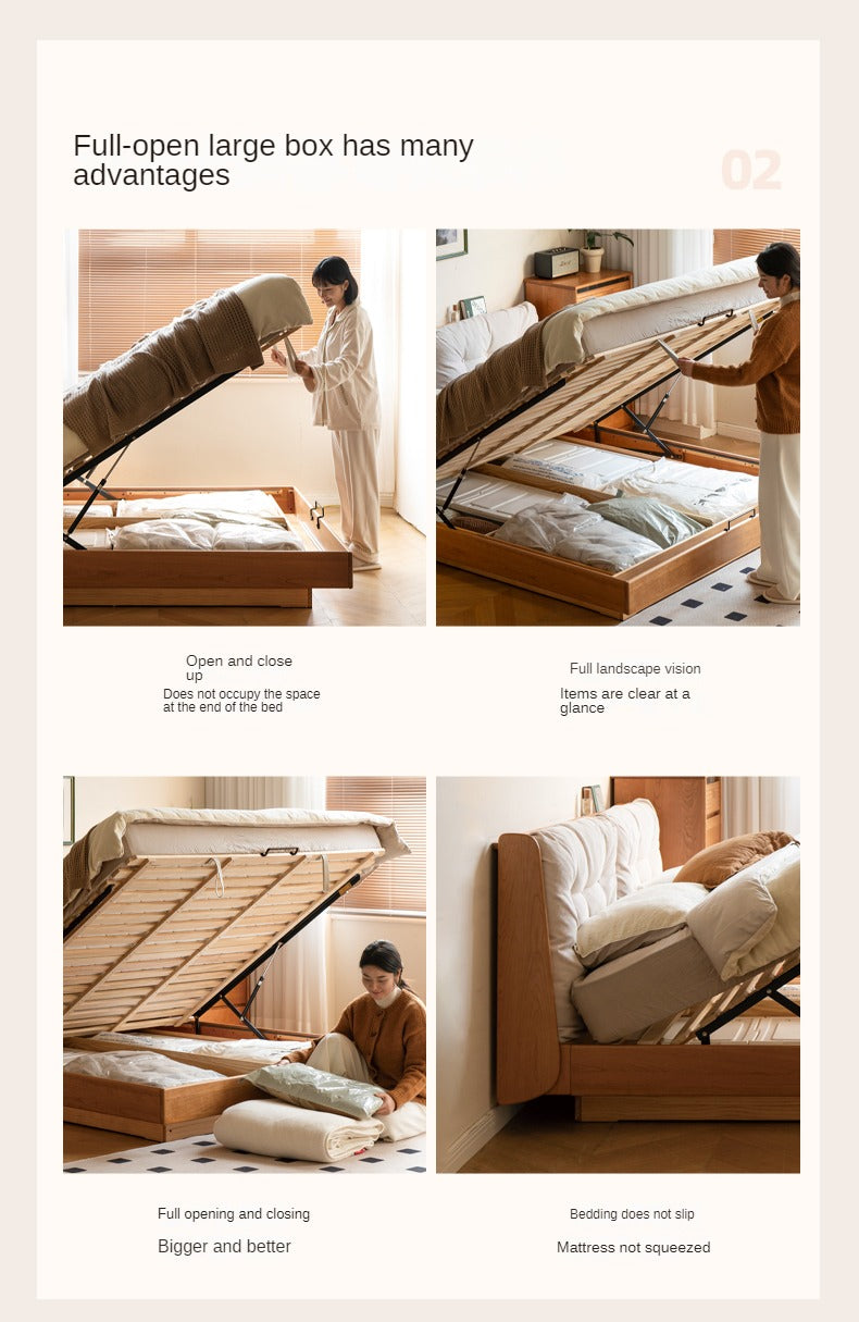 Cherry Solid Wood Box Bed Top Genuine Leather, Corduroy Suspended Bed