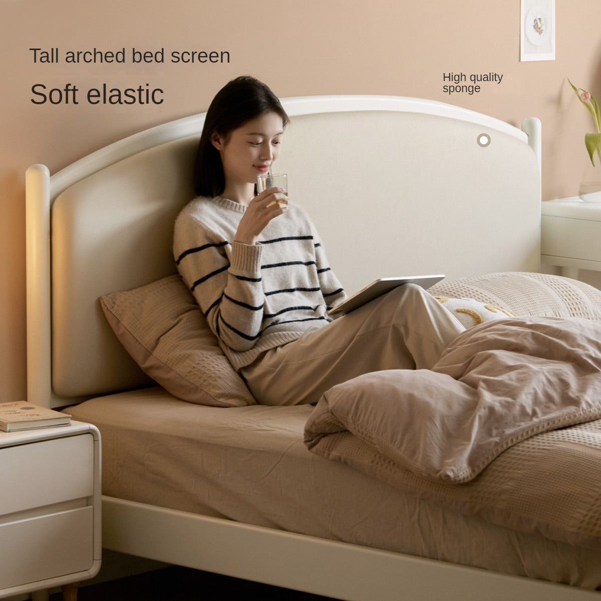 Cherry Solid Wood Bed Technology Сloth Cream Style