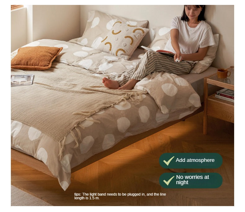 Oak Solid Wood platform bed, headboard-free bed Night Light Suspended Bed