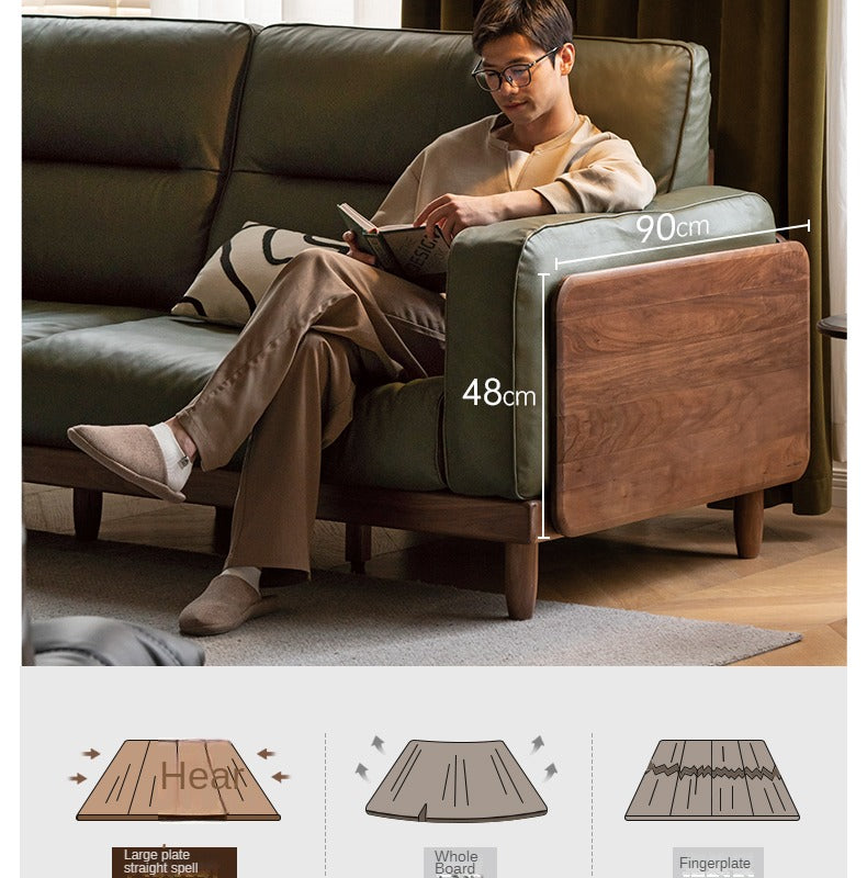 Black Walnut, Ash, Solid Sandalwood Wood Sofa with Genuine Top-Grain Yellow Cowhide Leather,fabrics