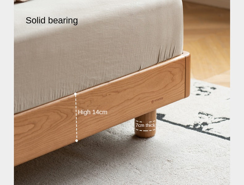 Cherry Solid Wood Bed with Retro Edge and Soft Headboard