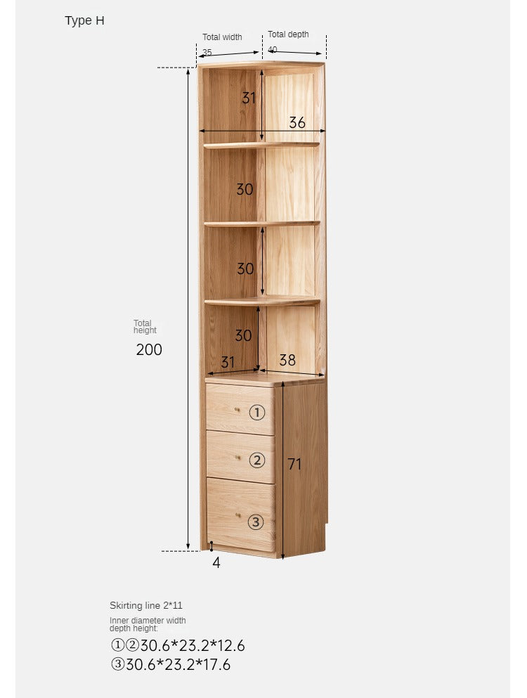 Oak Solid Wood Nordic Style Bookshelf with Floor Storage Cabinet