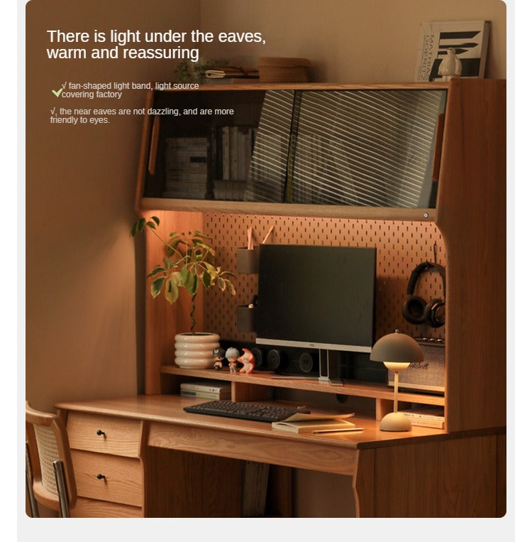 Oak, Cherry Solid Wood Desk Bookshelf Integrated Warm Light