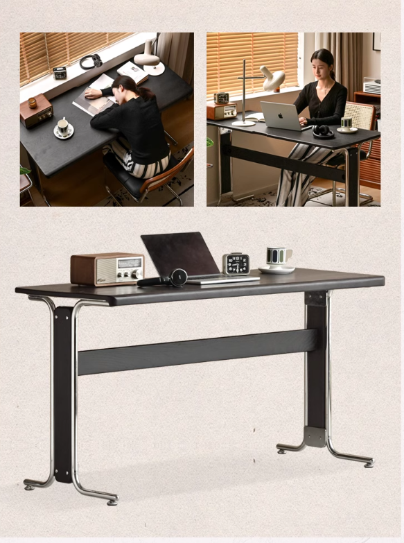 Oak Solid Wood Bauhaus Black Computer Desk.