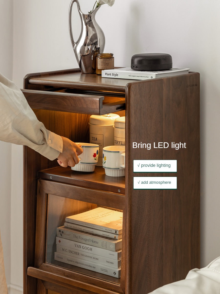 Black Walnut, Oak Solid Wood Glass Flip Door Display Side Cabinet LED Lights