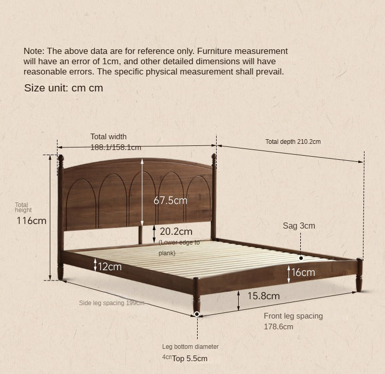 Black Walnut, Poplar Solid Wood Big Bed Retro French